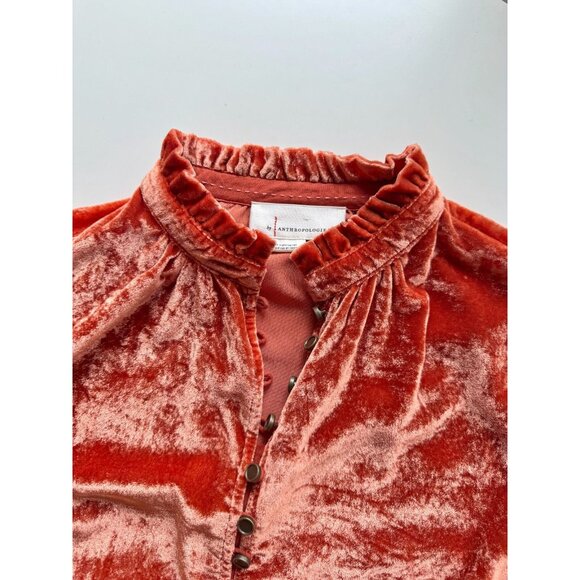 ANTHROPOLOGIE Kristianne Orange Velvet High Neck Ruffle Trim Blouse, Size XS - Picture 7 of 13